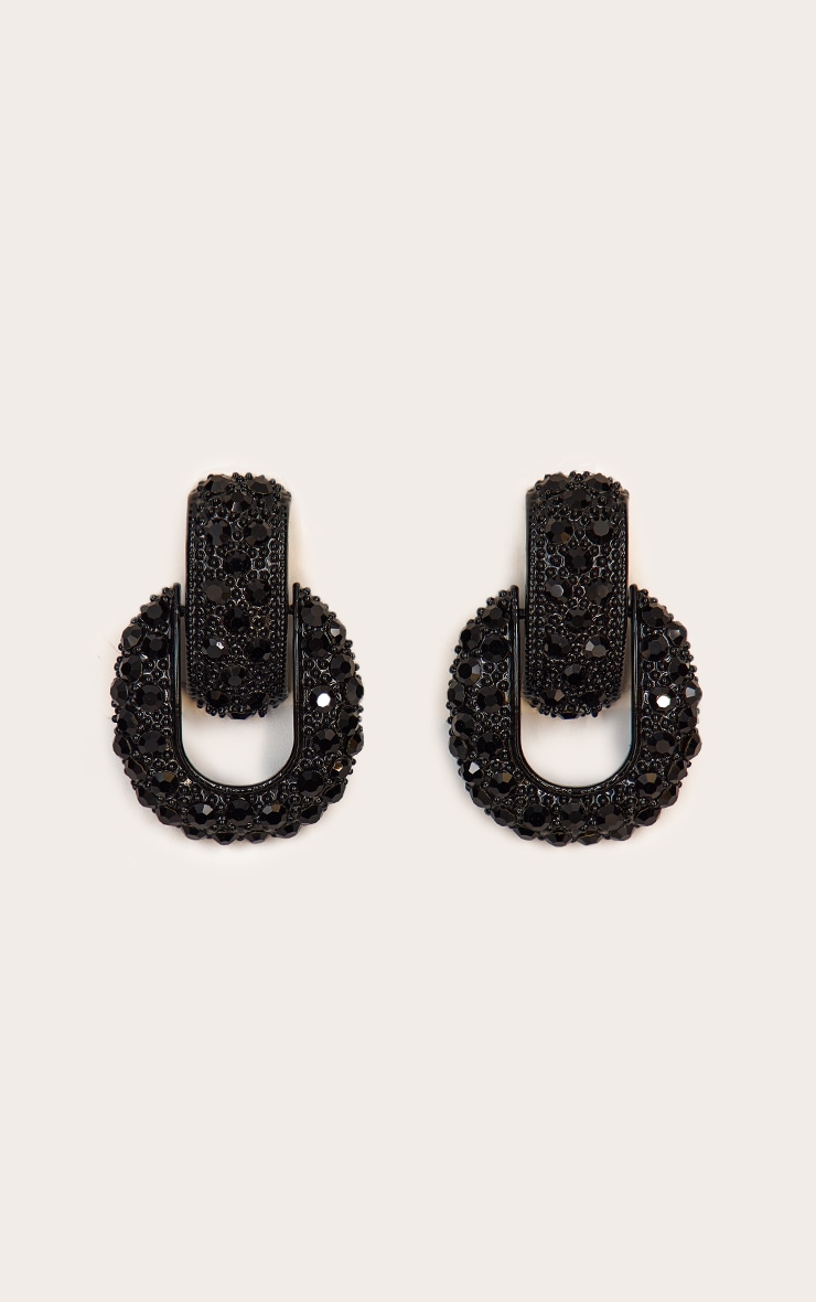 Black Diamante Door Knocker Statement Earrings image 2