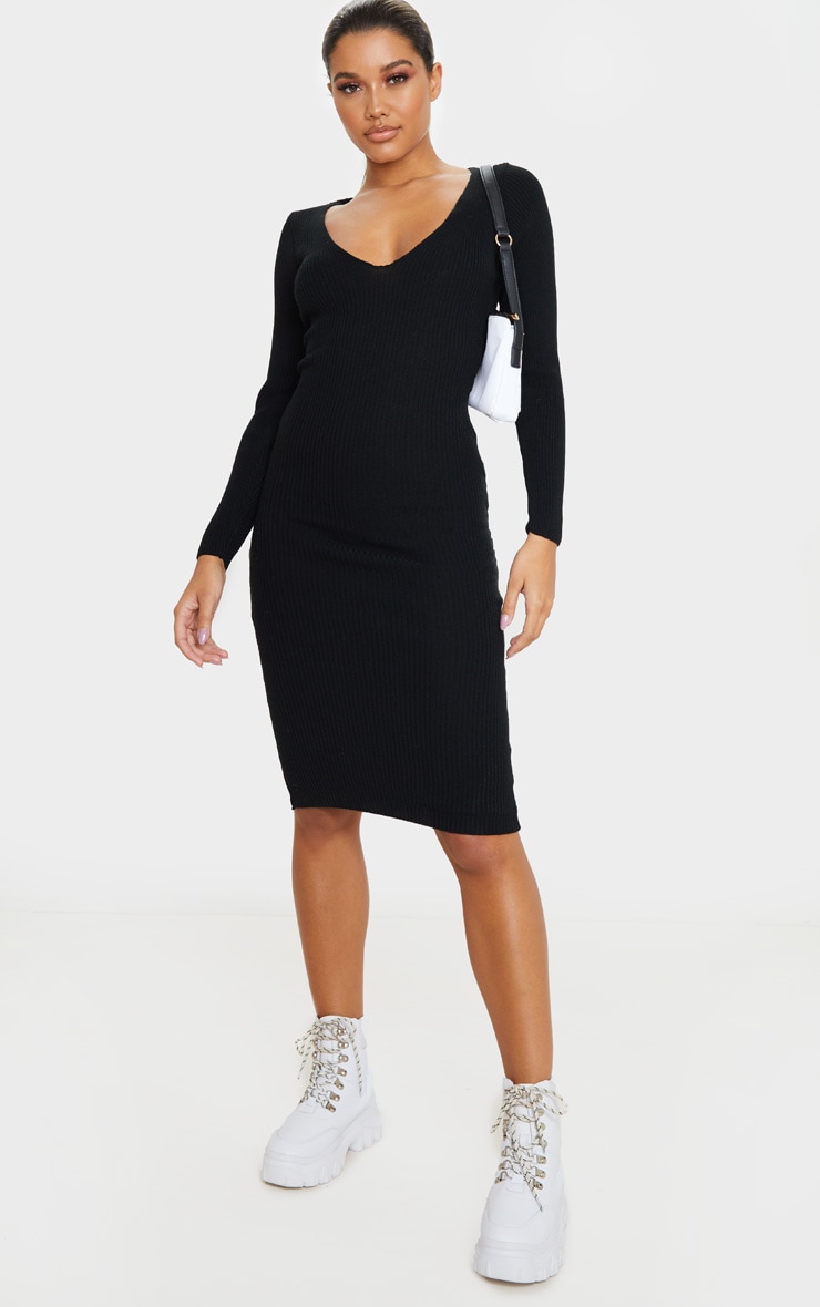 Black V Neck Knitted Midi Dress