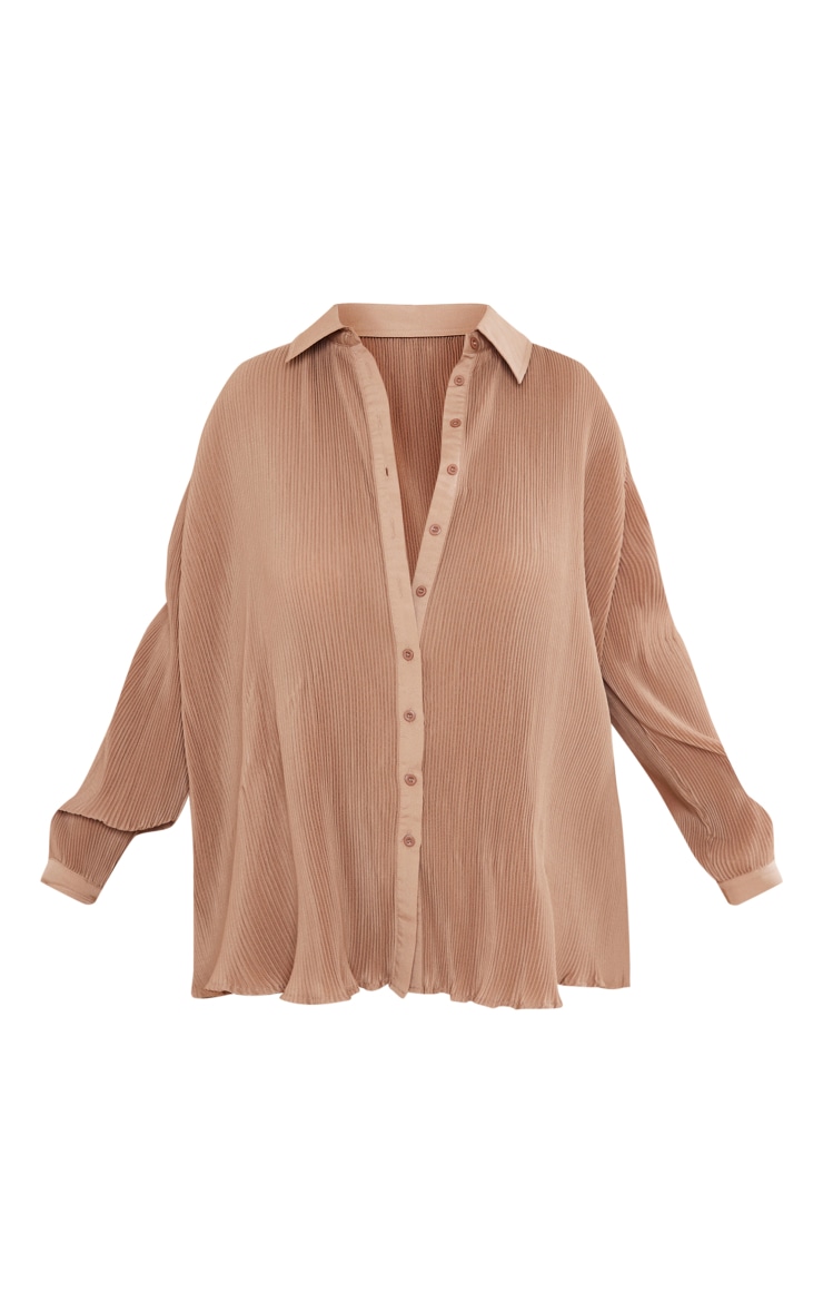 Plus Beige Plisse Button Front Oversized Shirt image 5
