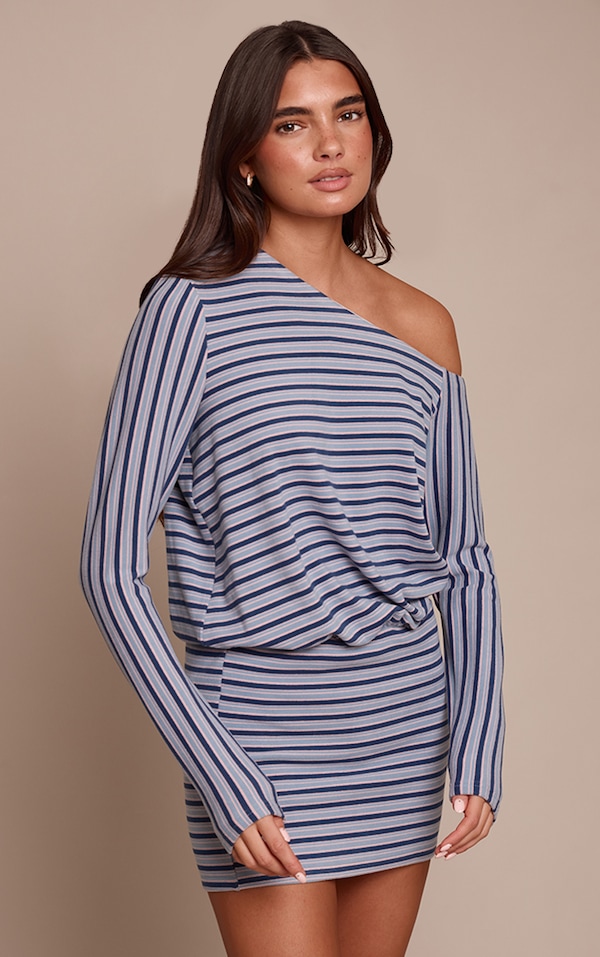 Navy Striped Asymmetric Long Sleeve Bodycon Dress