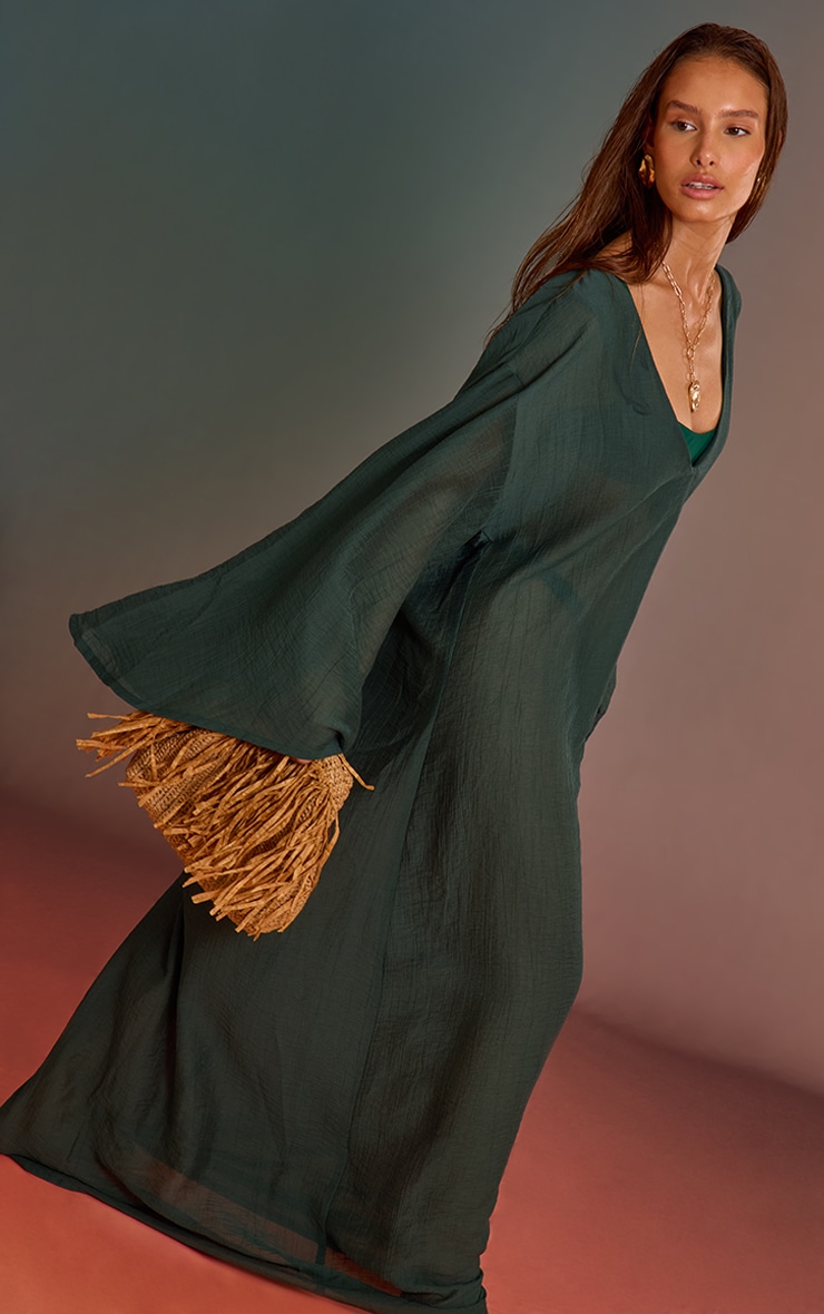 Sea Green Linen Look Oversized V Neck Maxi Beach Dress image 1