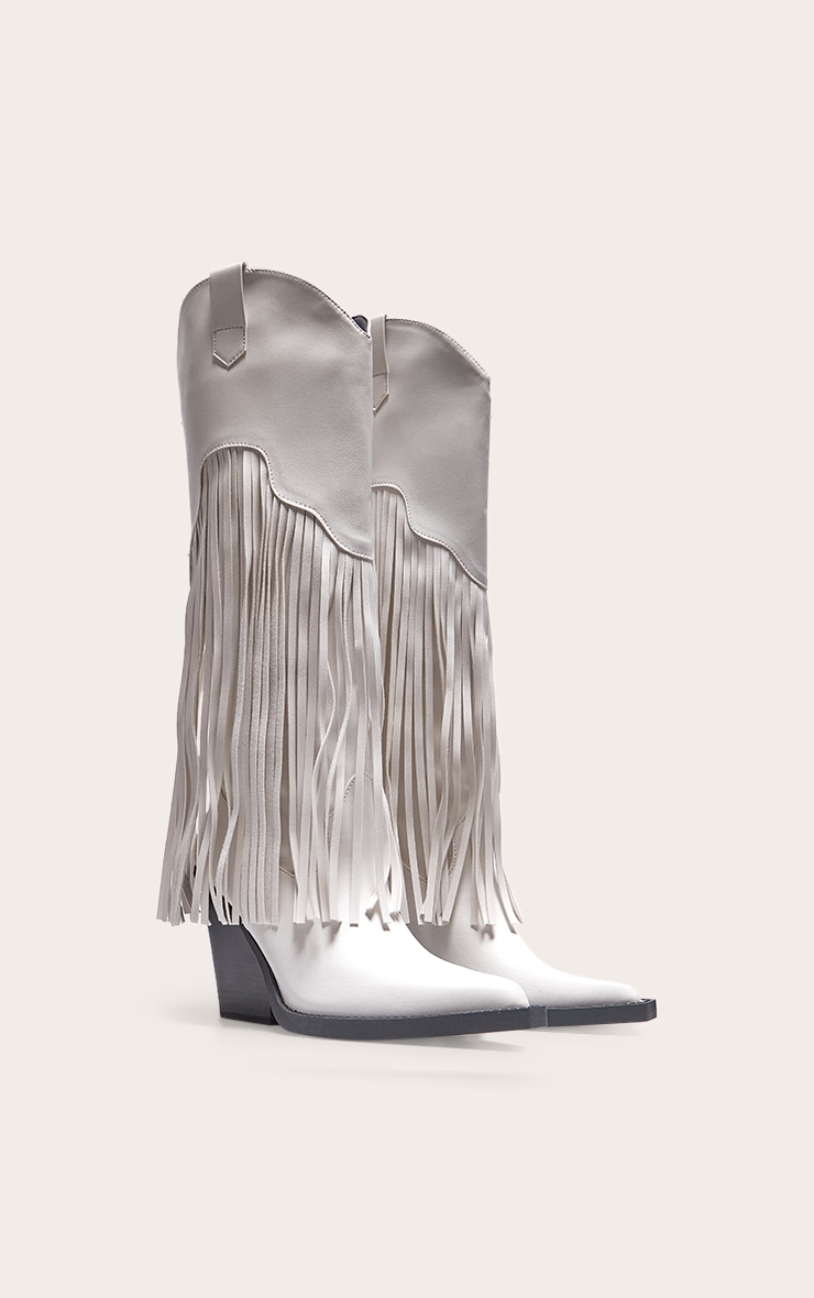 White PU Point Toe Tassel Fringed Block Heel Knee Western Boots image 2
