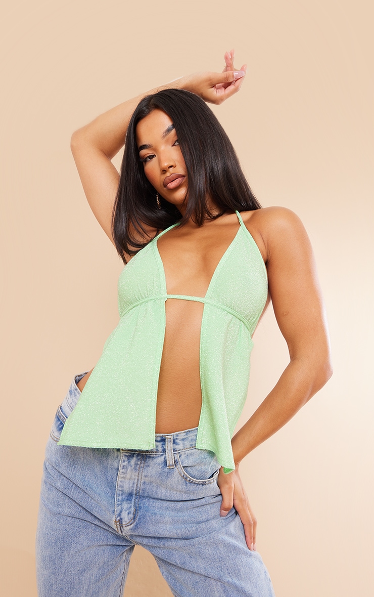Green Glitter Split Front Crop Top