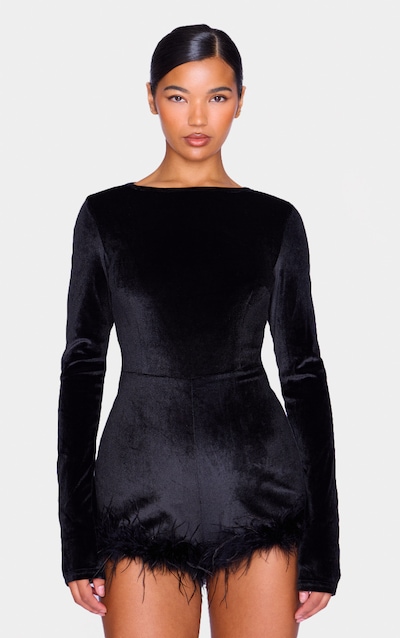 Black Velvet Long Sleeve Feather Trim Playsuit