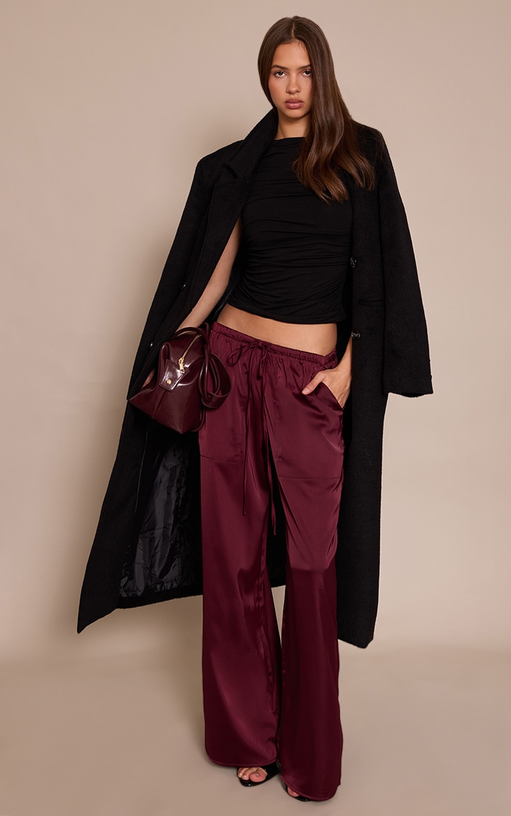 Burgundy Satin Low Rise Wide Leg Drawstring Pants | Bottoms | PLT USA