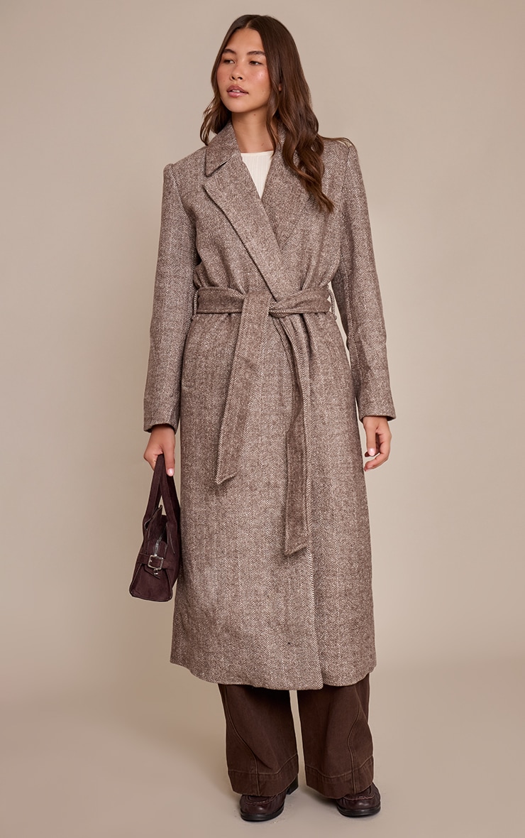 Brown Herringbone Tie Waist Maxi Coat image 1