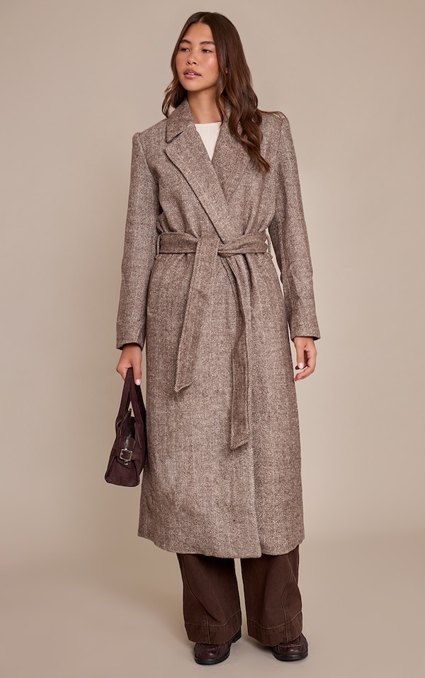 Brown Herringbone Tie Waist Maxi Coat