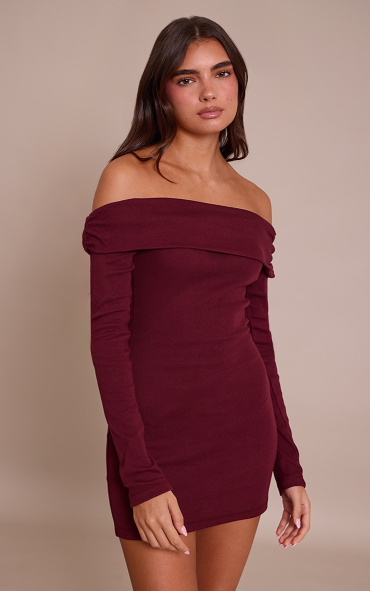Plum Ribbed Fold Over Bardot Long Sleeve Bodycon Dress