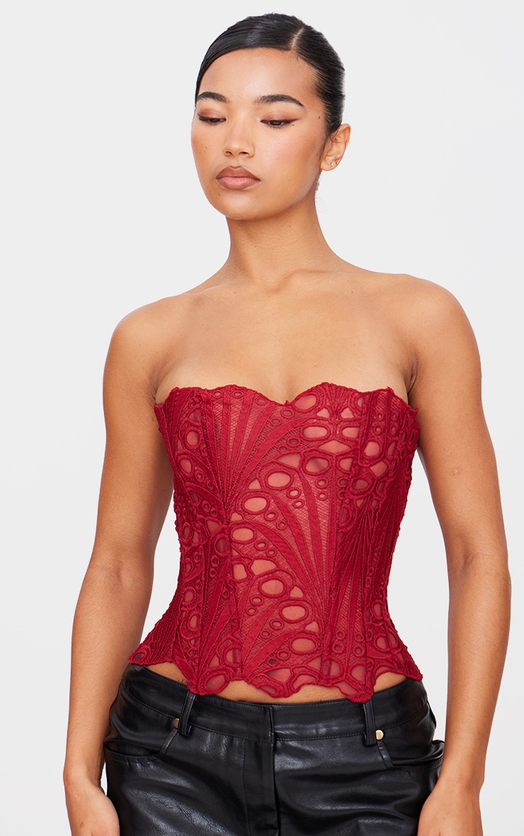 Burgundy Textured Sheer Floral Lace Corset image 4