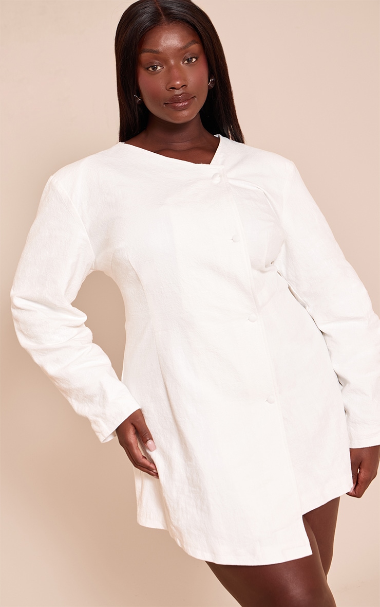 Plus White Premium Linen Cinched Waist Cocoon Sleeve Mini Dress image 1
