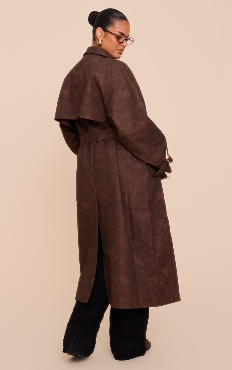 Plus Chocolate Textured Faux Leather Trench Coat image 2