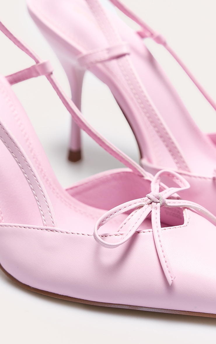 Baby Pink PU Point Toe Bow Detail Mid Heeled Courts image 4