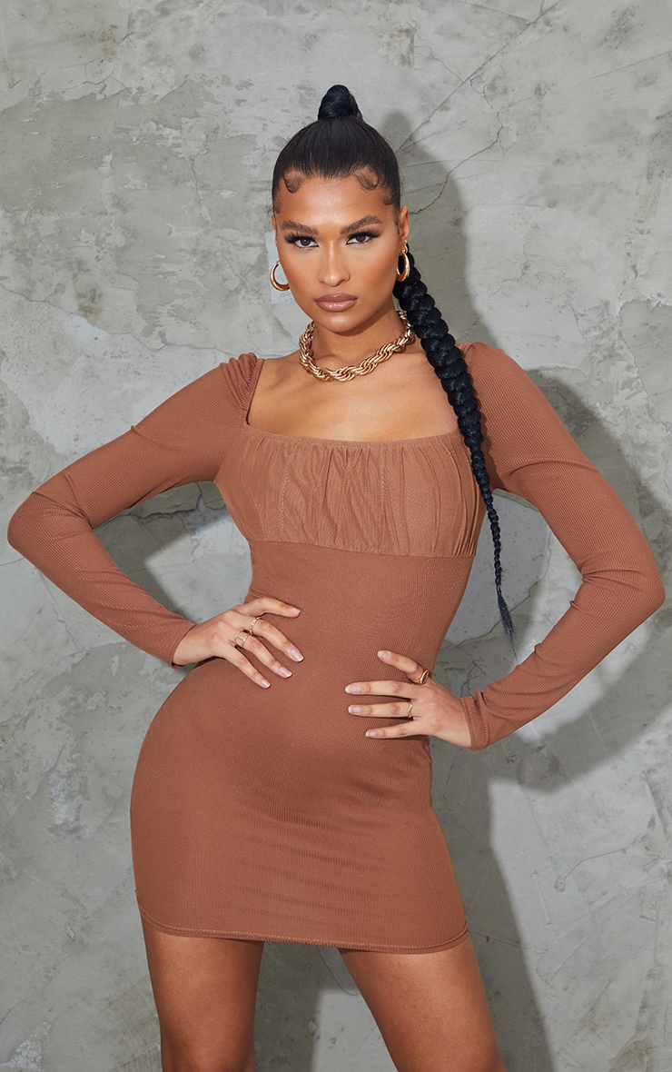 Chocolate Ribbed Mesh Ruched Bust Panel Bodycon Dress