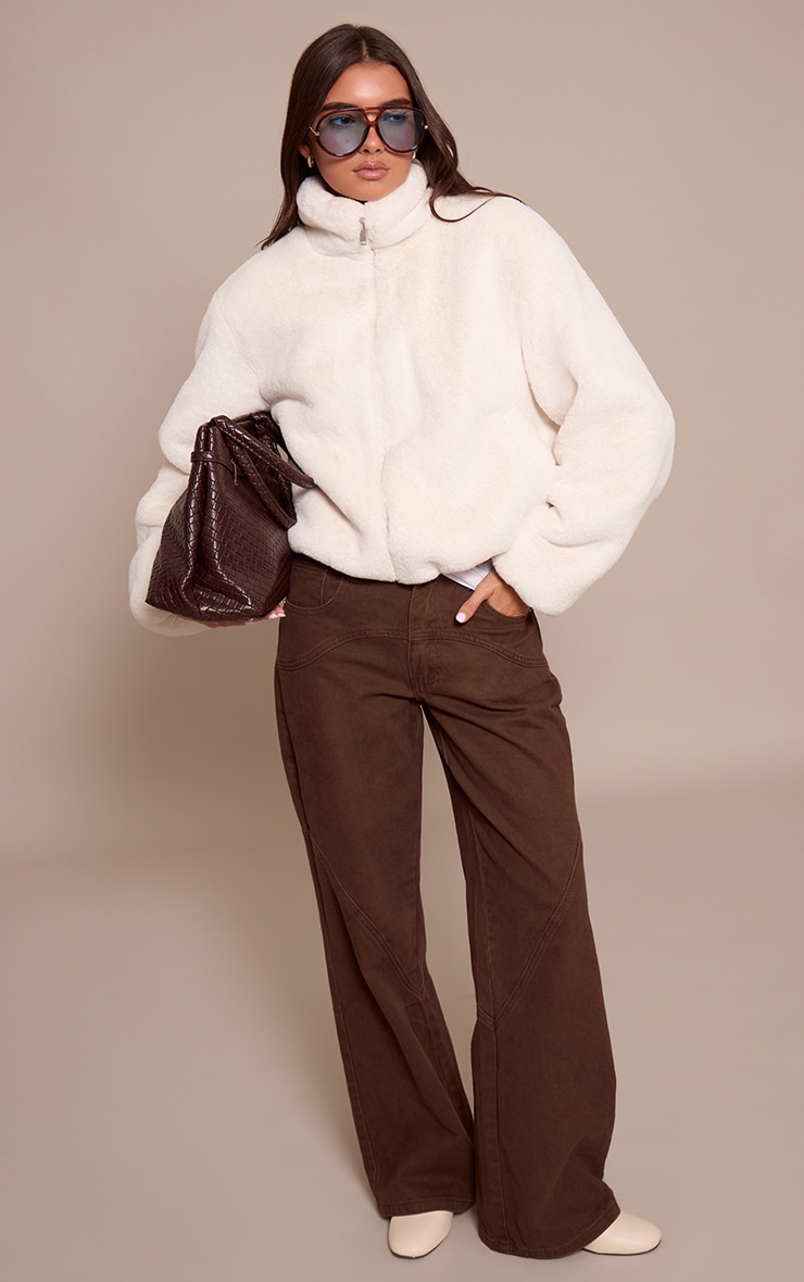 White Plush Faux Fur Cropped Bomber Style Coat image 3