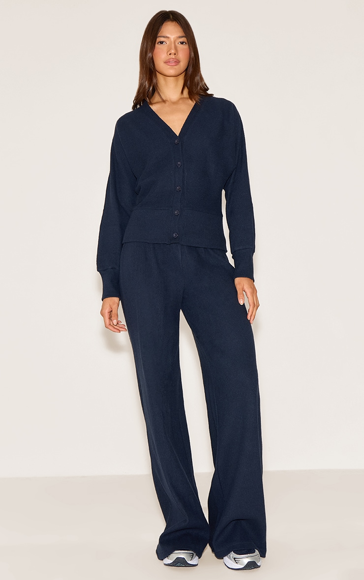 Navy Soft Ribbed Low Rise Wide Leg Pants image 1