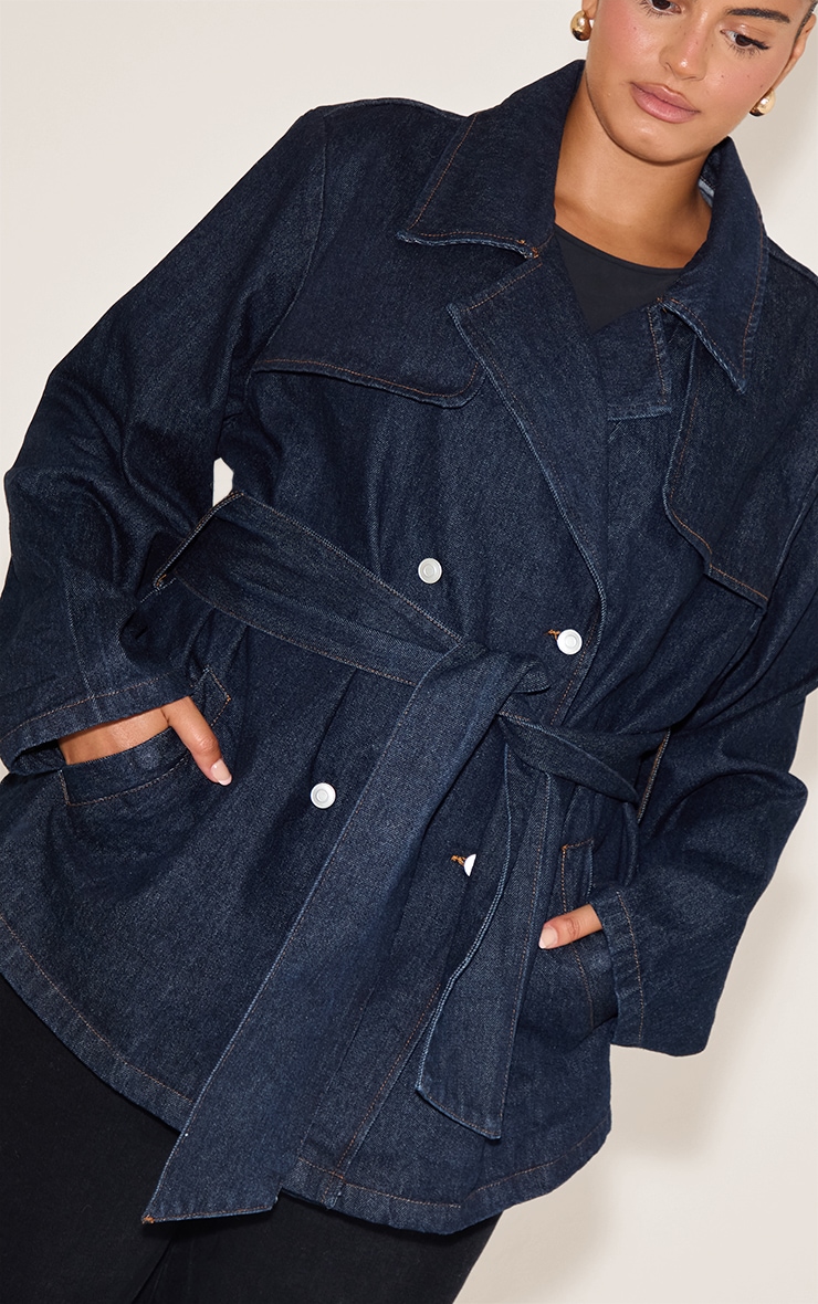 Plus Indigo Cropped Belted Denim Trench image 4
