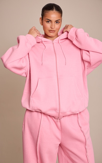 Plus Light Pink Oversized Seam Detail Zip Through Hoodie