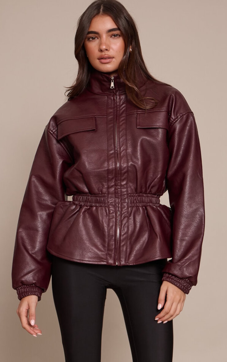 Chocolate Plum High Neck Cinched Waist Faux Leather Jacket image 1