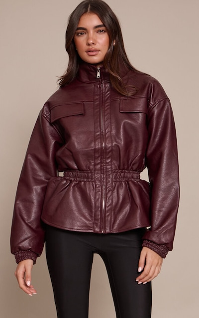 Chocolate Plum High Neck Cinched Waist Faux Leather Jacket