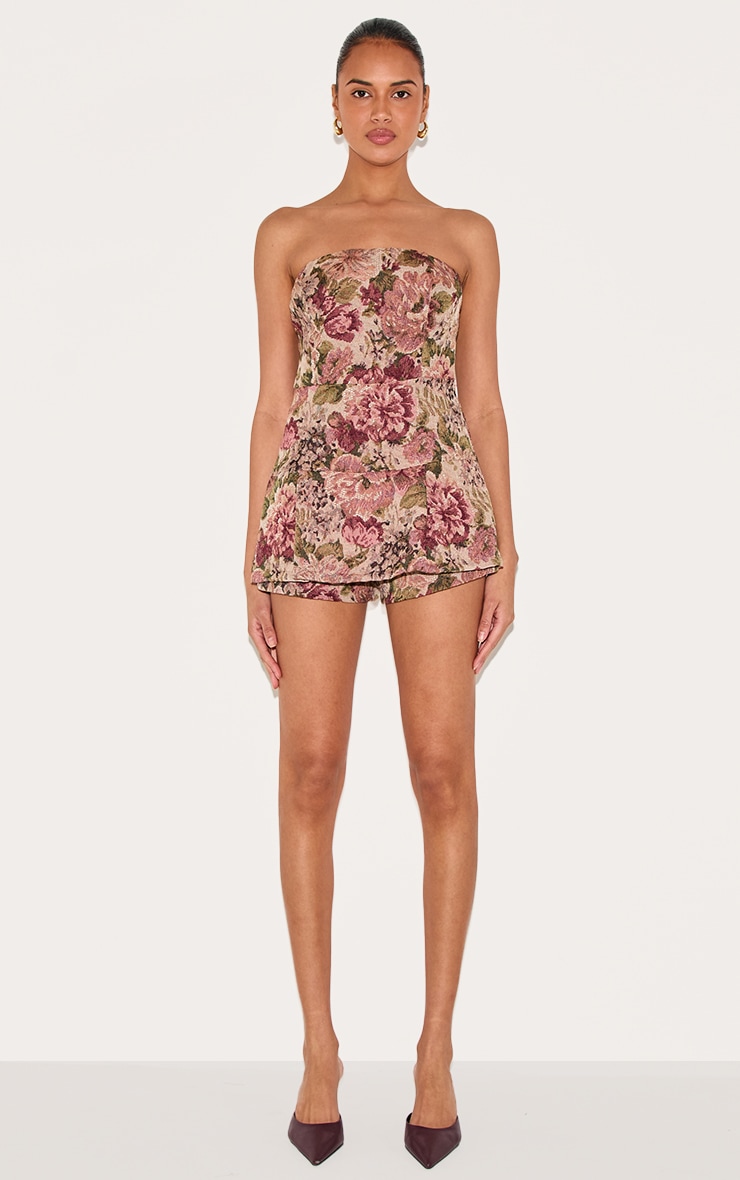 Stone Floral Jacquard Bandeau Skort Romper | Jumpsuits