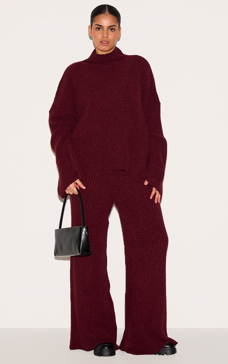 Plus Burgundy Rib Boucle Knit Oversized Sweater image 3