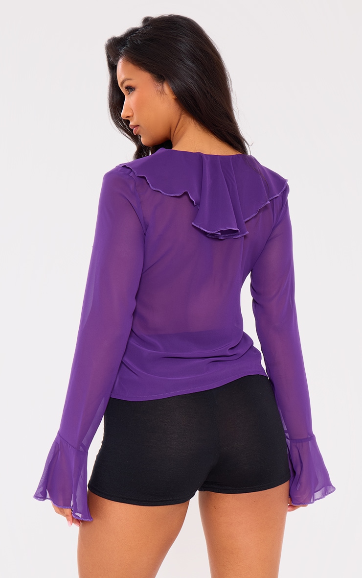 Aubergine Frill Plunge Long Sleeve Frill Cuff Blouse image 2