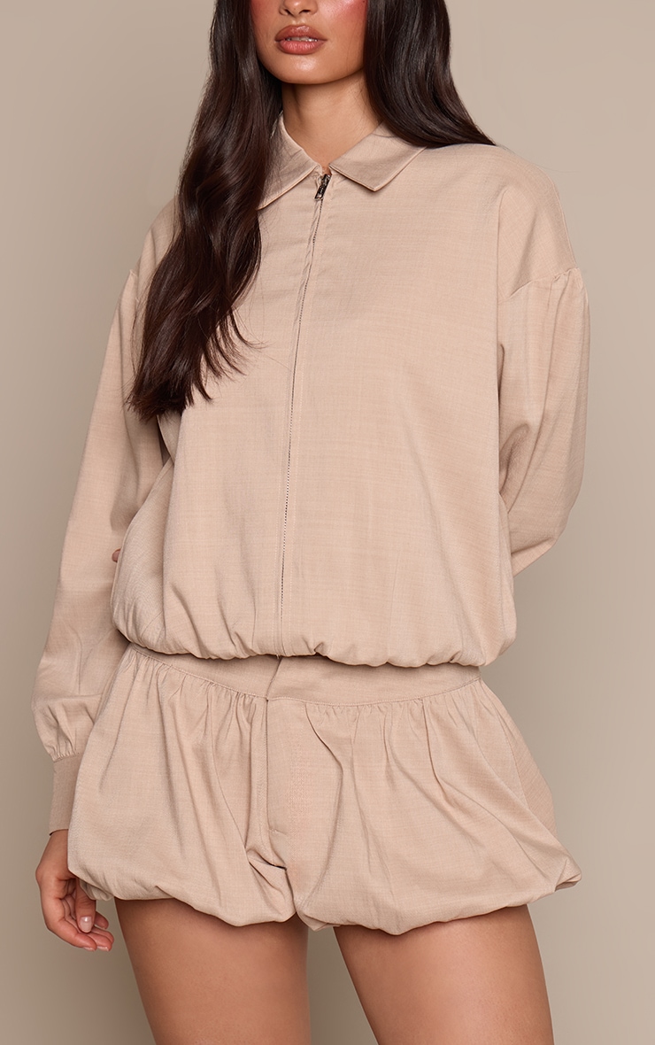 Beige Textured Woven Puffball Shorts image 2