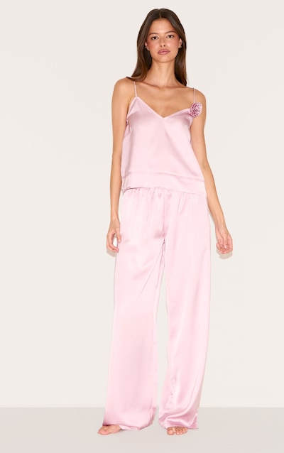 Dusty Pink Satin Flower Trim Cami Long Pj Set