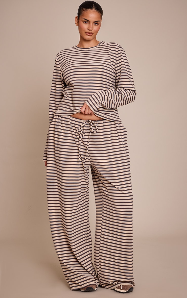 Plus Brown Striped Soft Fleece Long Sleeve Top image 3