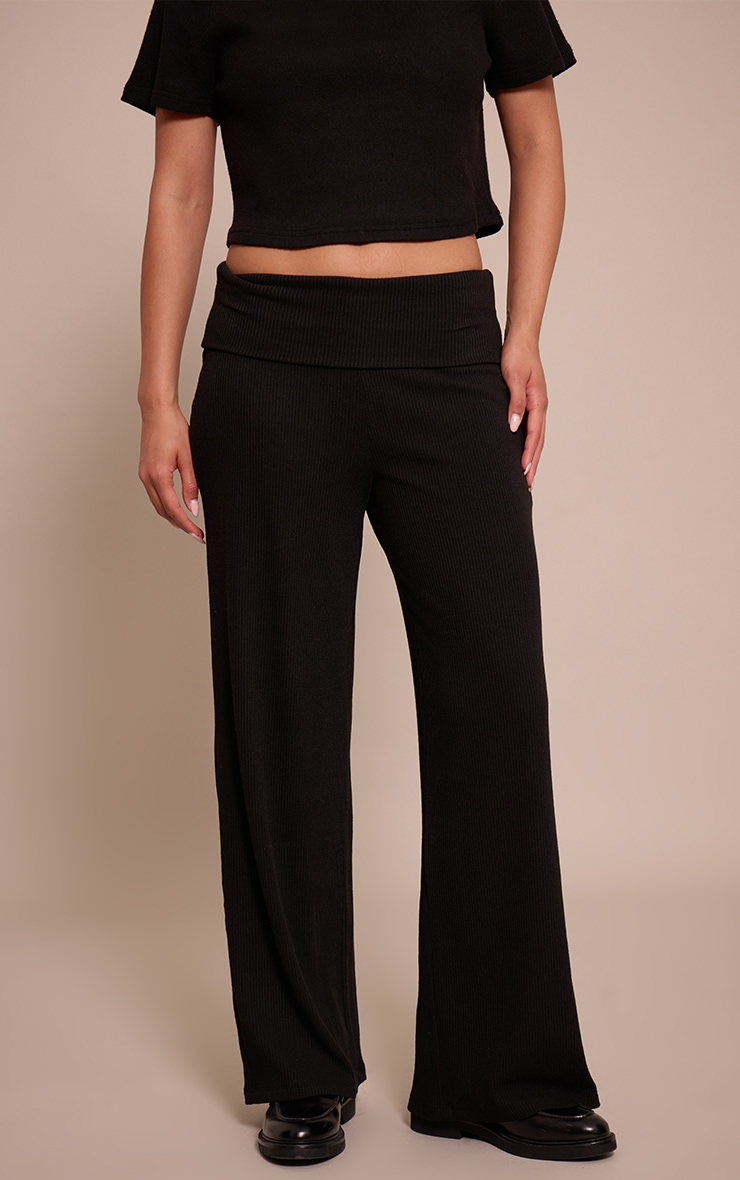 Black Thick Rib Fold Over Pocket Detail Wide Leg Pant image 2