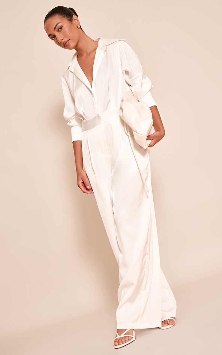 White Satin Shirt Detail Wide Leg Jumpsuit image 3