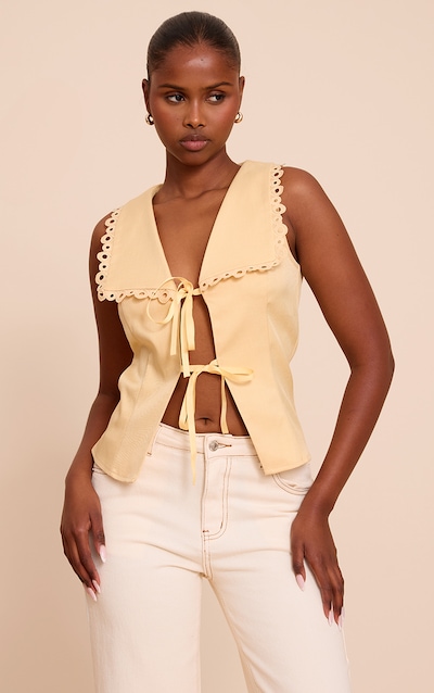 Butter Yellow Lace Trim Detail Tie Up Blouse
