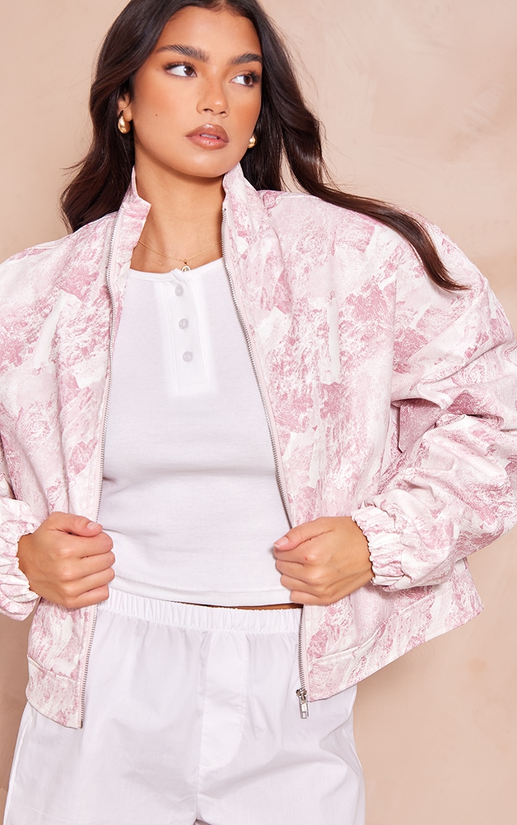 Pink Printed Textured Faux Leather Oversized Bomber Jacket image 4