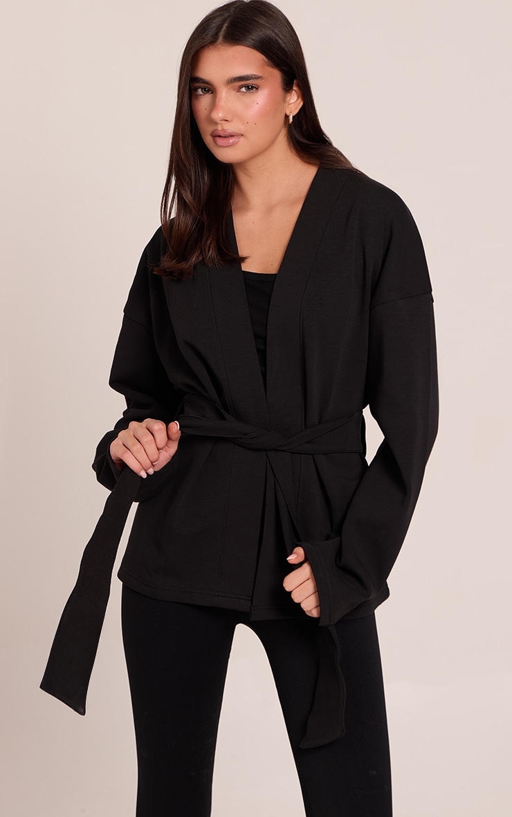 Black Interlock Tie Waist Yoga Jacket
