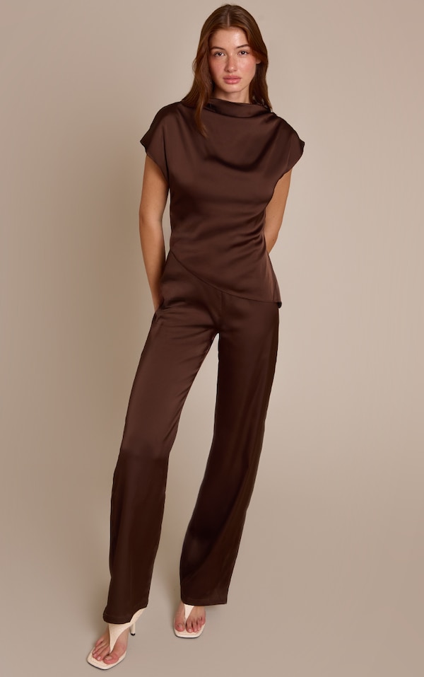 Chocolate Satin Cap Sleeve Straight Leg Jumpsuit