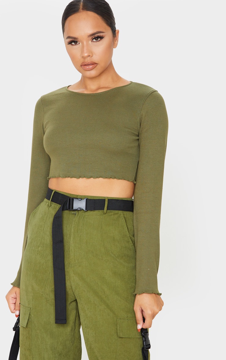 Khaki Frill Edge Crop Knitted Top