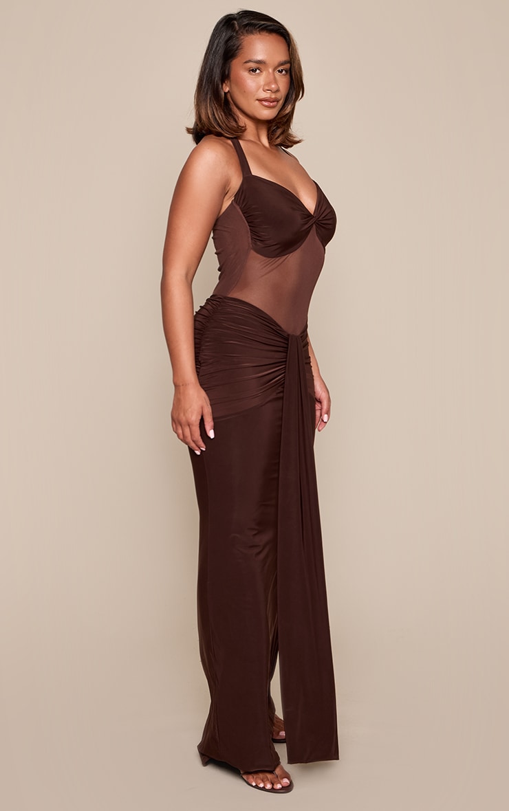 Shape Chocolate Slinky Mesh Panel Drape Detail Halterneck Maxi Dress image 3