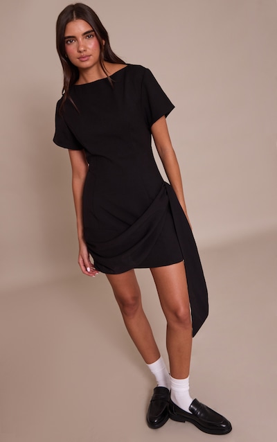 Black Tailored Woven Wrap Detail T-Shirt Dress