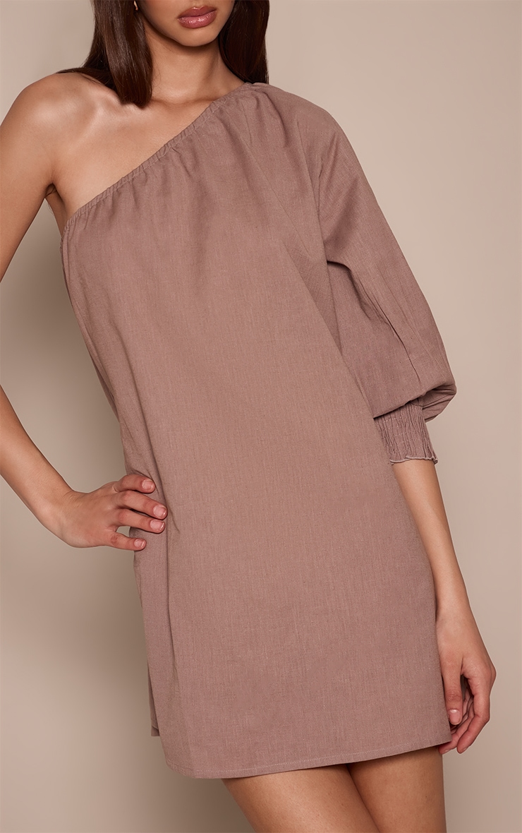 Taupe Linen Look One Shoulder Shift Dress image 4