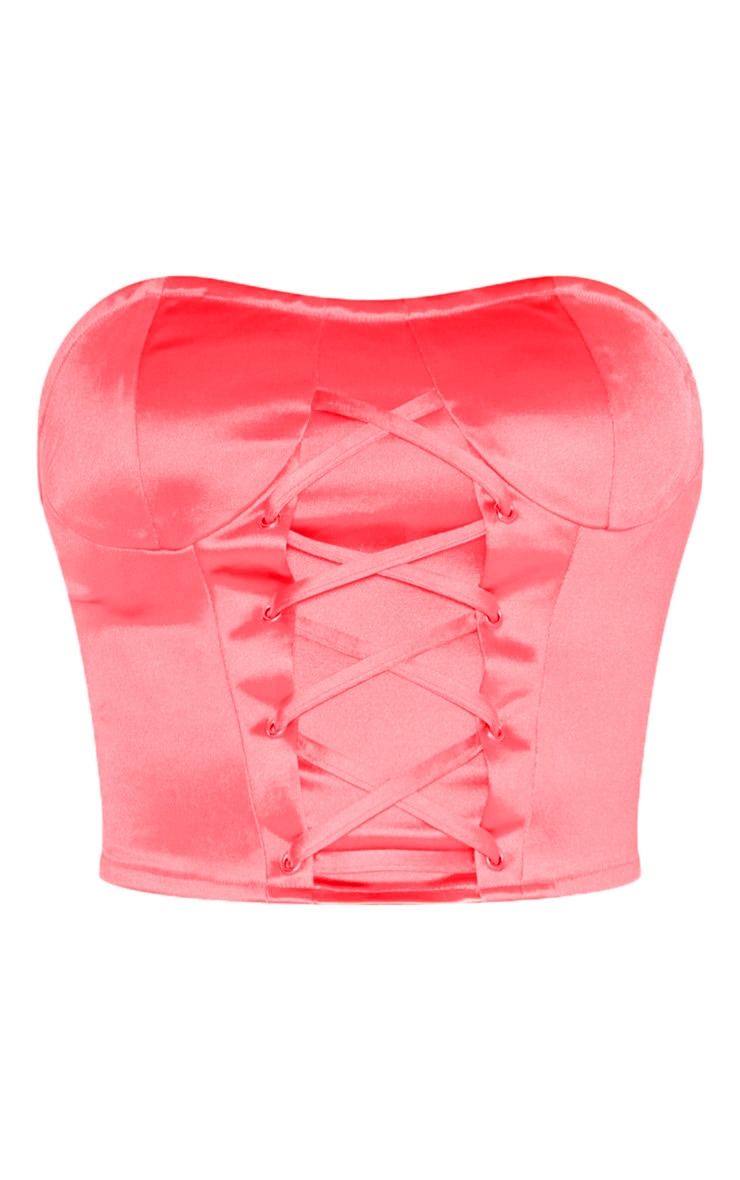 Pink Lace Up Satin Crop Top image 3