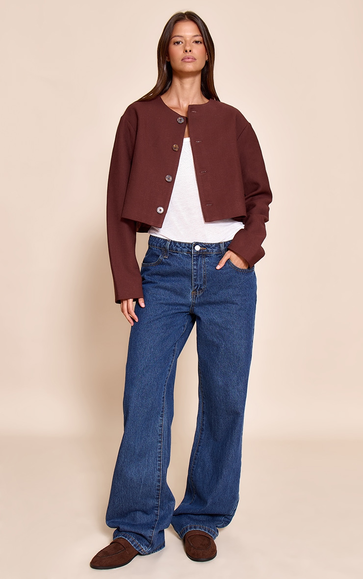 Chocolate Linen Look Boxy Button Up Jacket image 3