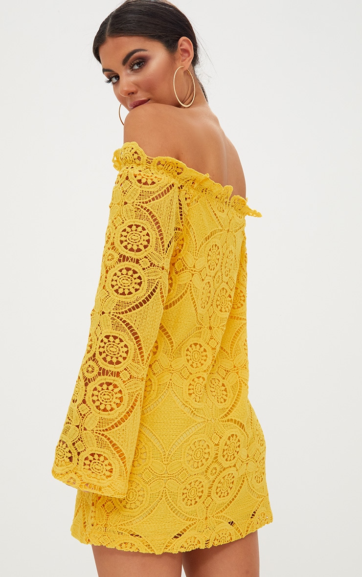 Yellow Bardot Lace Swing Dress | Dresses | PrettyLittleThing
