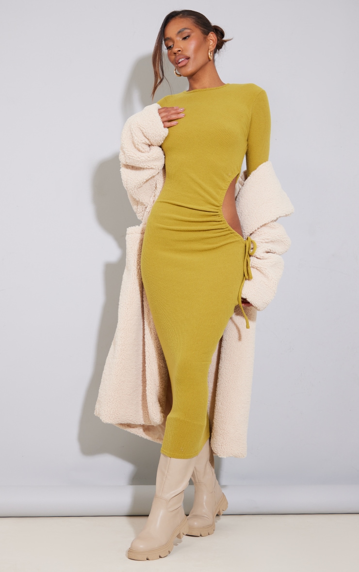 Olive Brushed Rib Ruched Cut Out Midaxi Dress image 1