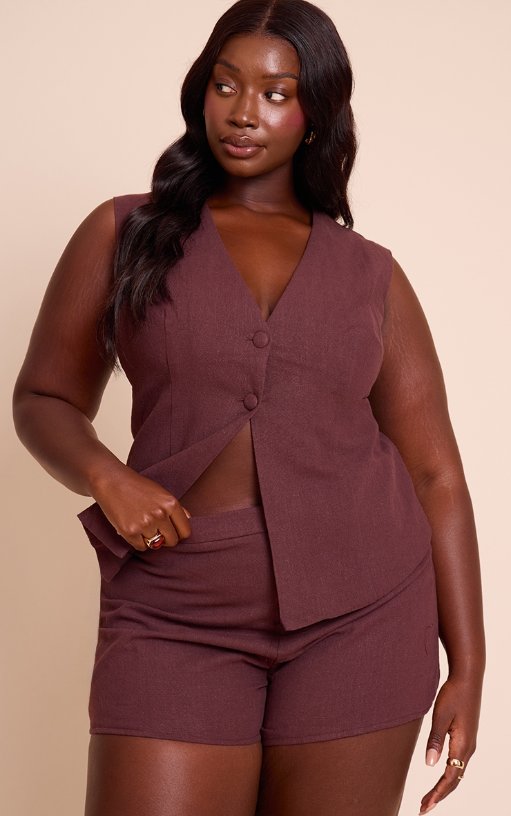 Plus Deep Chocolate Premium Linen Button Waistcoat image 1