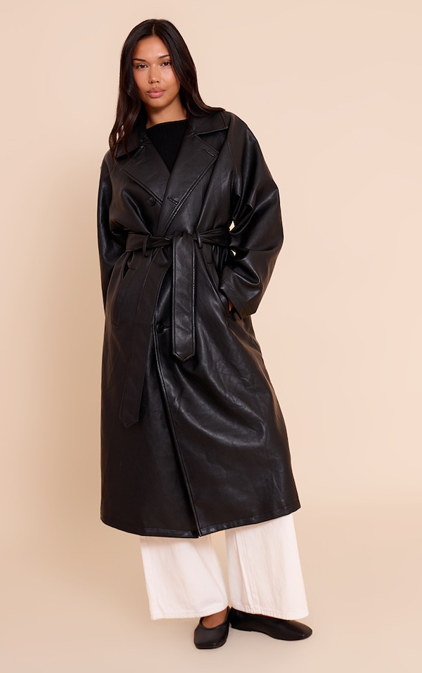 Black Faux Leather Maxi Trench Coat