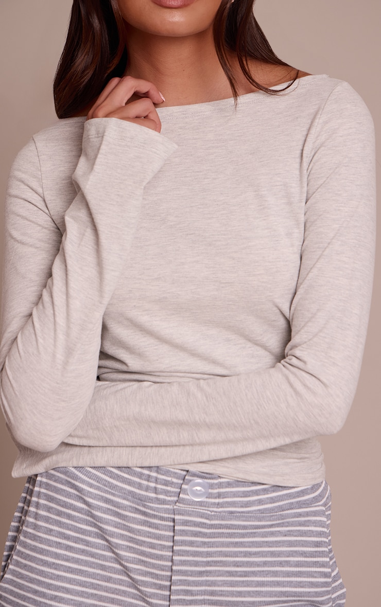 Grey Marl Soft Cotton Boat Neck Flared Long Sleeve Top image 4