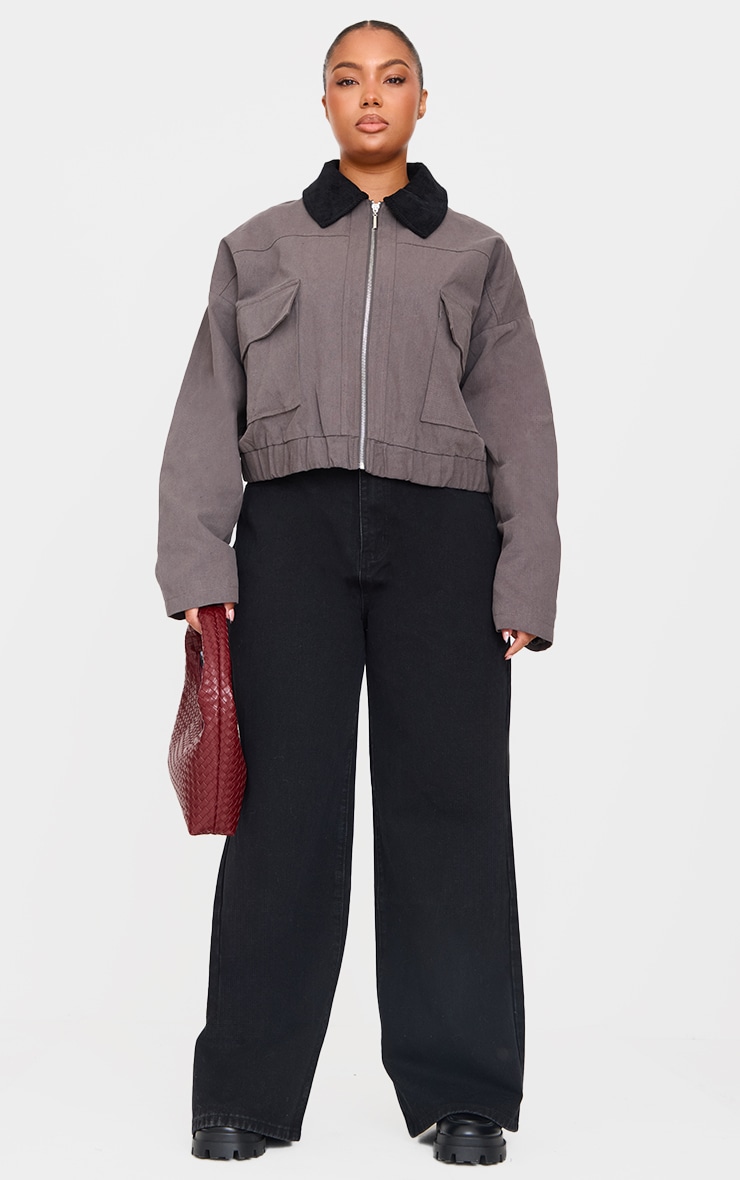 Plus Veste en maille sergée gris foncé à col contrastant image 3