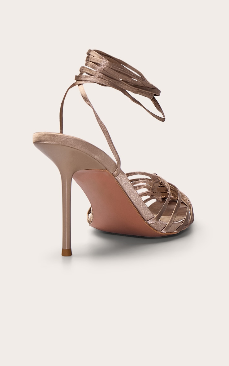 PLT Label Taupe Satin Macrame Strappy Toe Front High Heels image 4