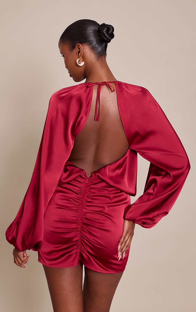 Burgundy Satin Wrap Ruched Long Sleeve Mini Dress image 2