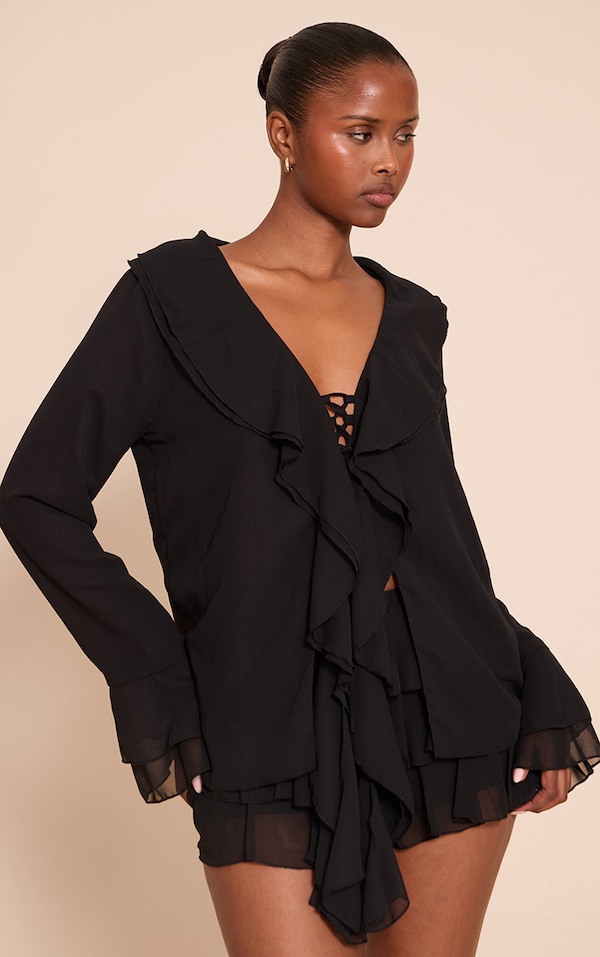 Black Chiffon Frill Plunge Long Sleeve Top